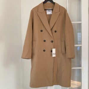 Zara Wool-Blend Double-Breasted Oversized Long Coat in Camel